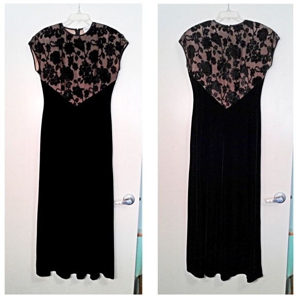 Vintage Jeffrey & Dara Black Velvet Gown with Floral Mesh Top Sz 8 - Picture 4 of 7